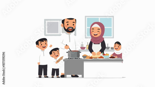 Happy Muslim family cooking together in a modern home kitchen during the holy month of Ramadan. Parents and children prepare traditional iftar food with smiles and warmth, showing family bonding