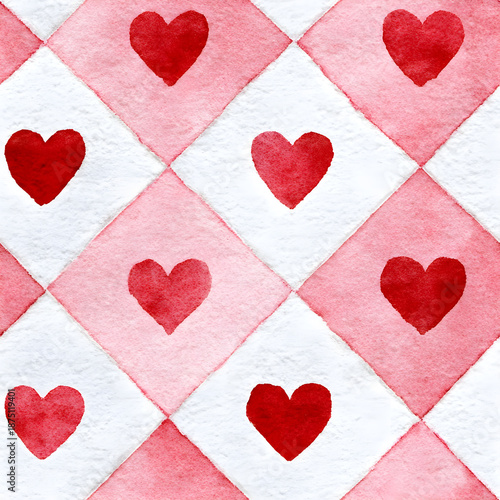 Watercolor red hearts on pink and white checkerboard pattern with romantic charm