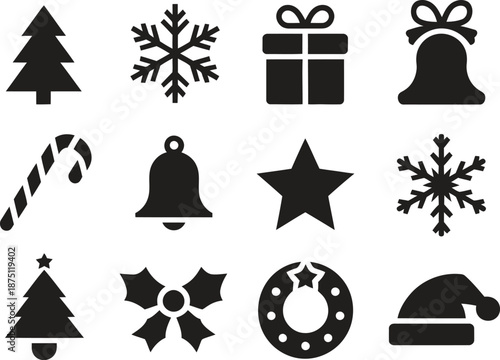 Black silhouette Christmas and winter holiday icon set isolated on white background, festive seasonal vector illustration