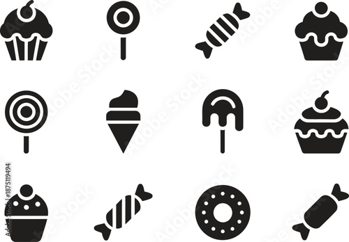 Black silhouette candy and dessert icon set isolated on white background, sweet food bakery vector illustration