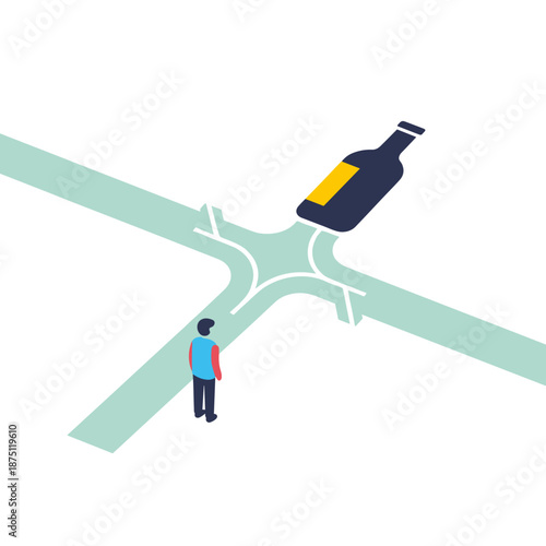 Man standing at crossroads with oversized alcohol bottle above  