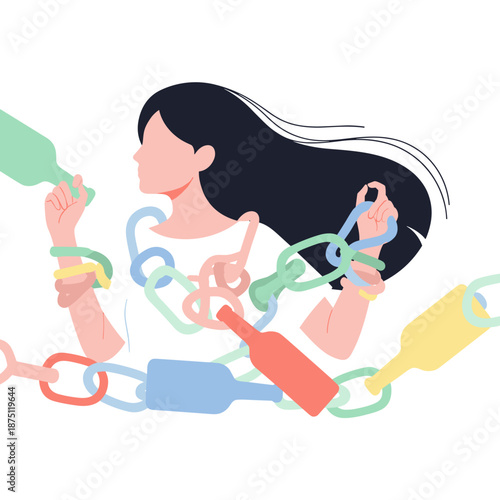 Woman breaking free from colorful chains of alcohol addiction  