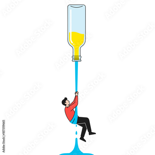 Man pulling himself up from bottle with blue liquid pouring out  