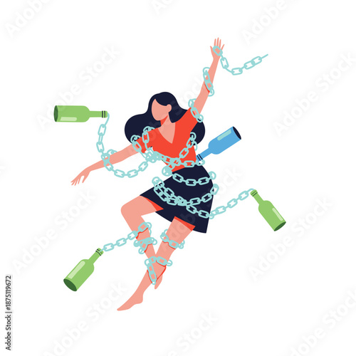 Young woman dancing while restrained by chains and empty bottles  