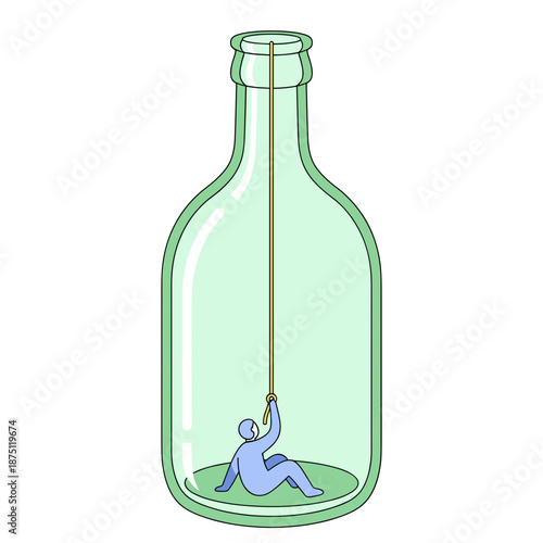 Person climbing inside a green glass bottle symbolizing addiction  