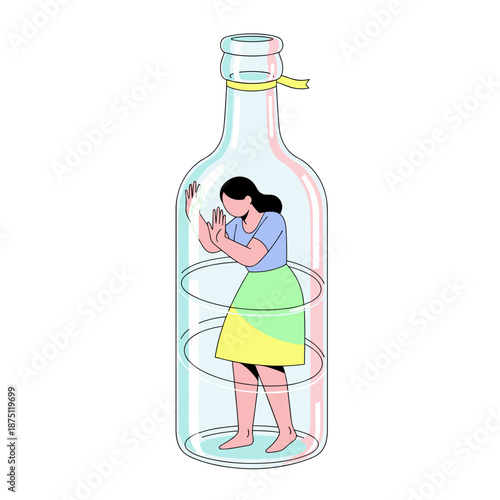 Woman trapped inside a glass bottle representing addiction struggles  