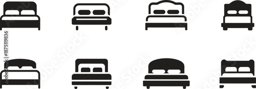 Black silhouette bed and bedroom furniture icon set isolated on white background, sleep rest vector illustration