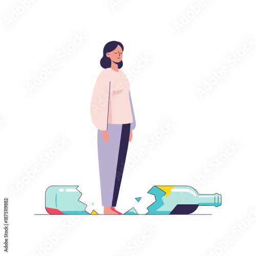 Woman standing beside broken alcohol bottle symbolizing addiction recovery  