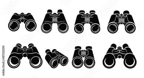 Collection of black and white binocular icons in various styles