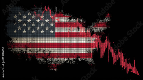 Distressed USA flag map with downward arrow symbolizes economic downturn.