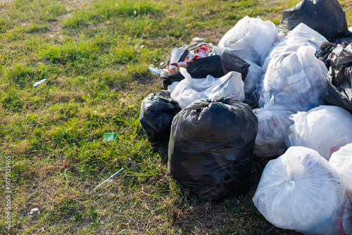 Pile of garbage bags dumped on a grassy area, representing waste pollution, environmental problem, and poor waste management concept affecting nature, sustainability, and public responsibility