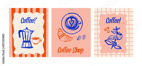 Hand drawn vintage coffee shop poster set. Cafe menu, bakery packaging design concept. Whimsical sketch vector illustration.