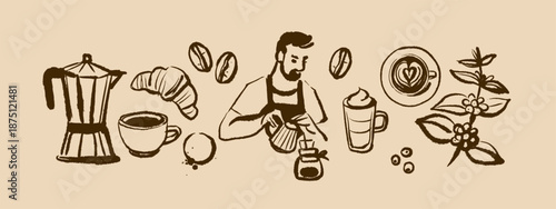 Hand drawn vintage coffee set. Cafe menu and packaging design. Whimsical sketch vector illustration.