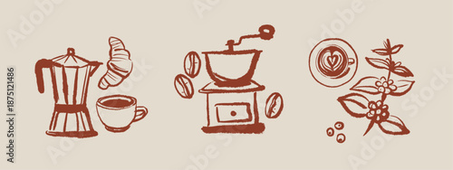 Hand drawn vintage coffee shop set. Cafe menu, bakery packaging design concept. Whimsical sketch vector illustration.