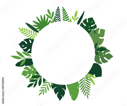 Tropical circular frame with green jungle leaves. Botanical wreath design for invitations, cards, and nature decorations