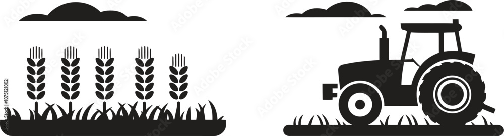 Fototapeta premium Black silhouette design of farm tractor working in agricultural field isolated on white background, farming vector illustration