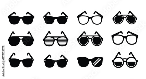 A collection of various black sunglasses and glasses