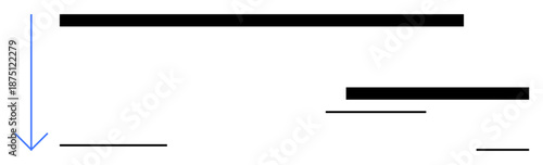 Graphic design, minimalism, direction, navigation, progress, abstract art. Horizontal black lines and a blue downward arrow on a white background. s direction and minimalism