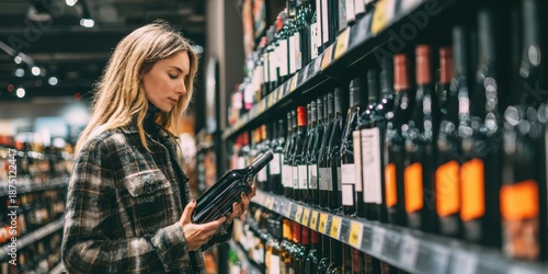 The woman browsing red wine bottles in a modern grocery store aisle