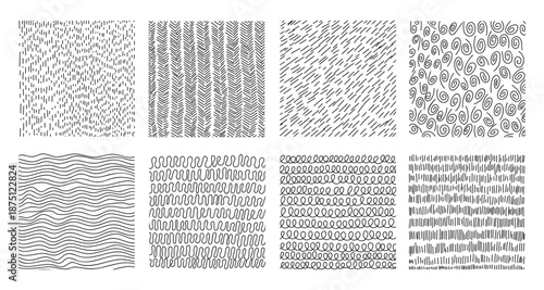Crosshatch line texture hand drawn shading effects set. Pencil-drawn pattern collection featuring diagonal stripes, dots, and scribbles. Perfect for artistic backgrounds and illustrations