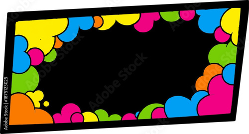Vibrant, abstract shapes in yellow, blue, pink, orange, and green form a playful border around a black rectangular space