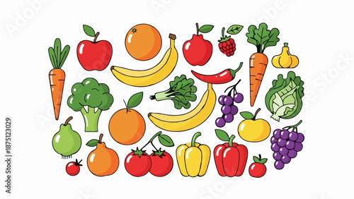 Vibrant assortment of fresh fruits and vegetables in a playful, cartoonish style,