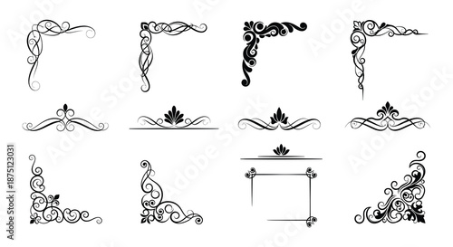 Set of ornate black floral design elements and borders