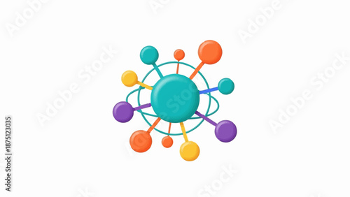 Vibrant atom-like structure with colorful spheres connected by lines on white