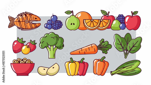 Vibrant assortment of healthy foods including fish, fruits, vegetables, and grains