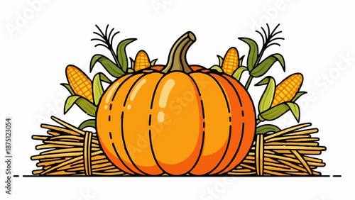 Vibrant autumn harvest of pumpkin, corn stalks, and straw bales