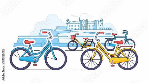 Vibrant cartoon bicycles park before a stylized castle under a cloudy sky