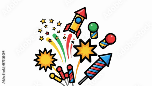 Vibrant cartoon fireworks ignite in a dazzling display of color and light