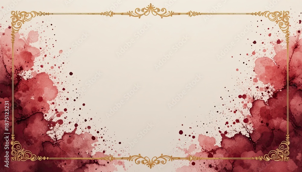 Naklejka premium Elegant gold frame with red watercolor splatters on beige background