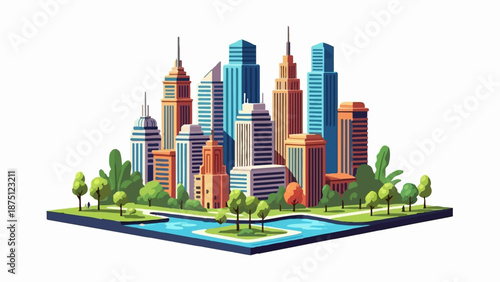 Vibrant cityscape with diverse skyscrapers, lush green parks, and a serene blue river