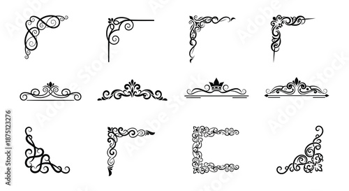 Set of ornate black floral design elements and borders
