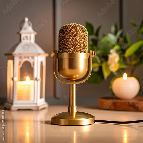 A golden microphone on a table with a lantern and candle