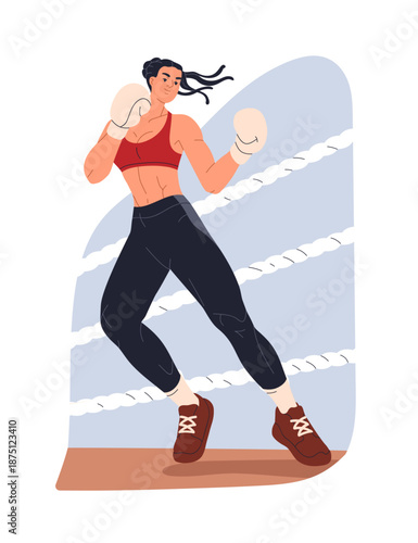 Woman boxing on sport ring, poster. Female athlete, box fighter in gloves, st...