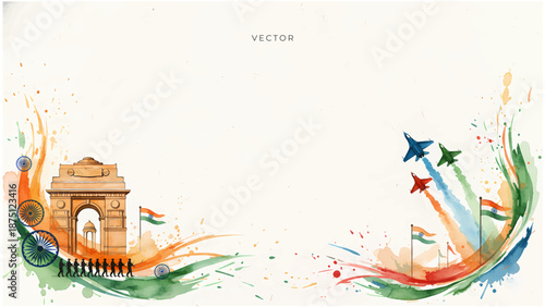 India Republic Day. indian army parade at India gate, tricolor flag and Freedom celebration background.