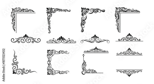 Set of ornate black floral design elements and borders