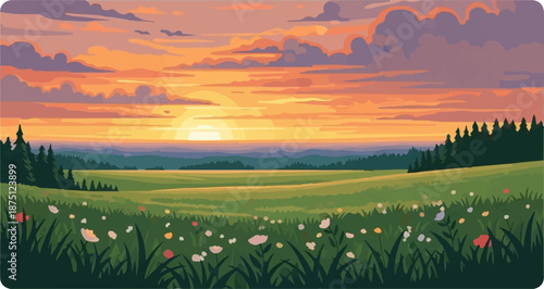 Vibrant sunset illuminates rolling hills and a meadow of wildflowers
