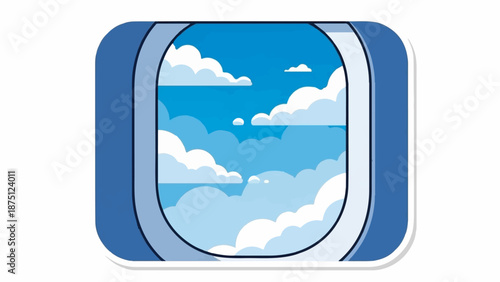 View of fluffy white clouds against a bright blue sky through an airplane window