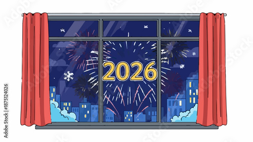 View through window at night showing city skyline with fireworks and the year 2026