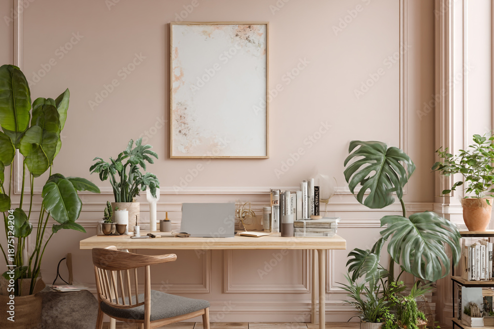 Fototapeta premium modern interior design with a wooden desk and lush green plants providing a tranquil atmosphere