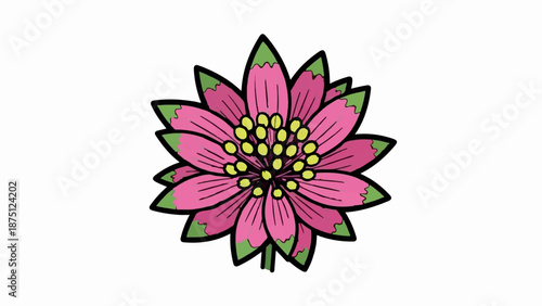 Vivid pink flower with yellow center and green leaf tips