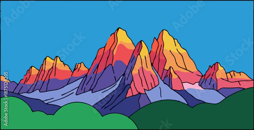 Vivid mountain range bathed in warm sunset hues against a clear blue sky
