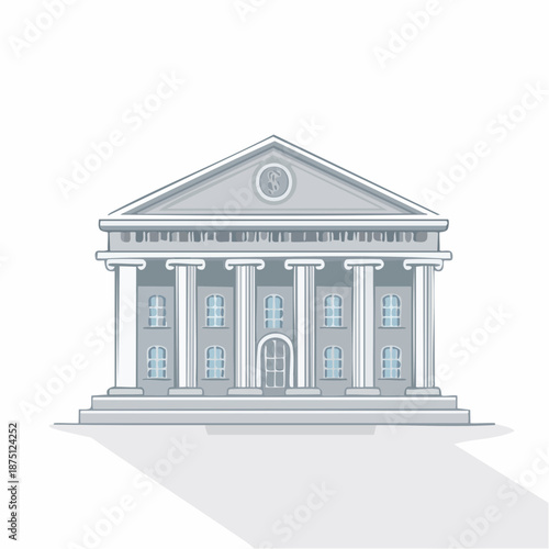 Illustration of a neoclassical building with columns and a triangular pediment on a white background.