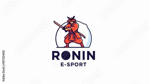 Warrior in red armor, holding sword. Logo with text