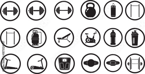 Black and white gym set with various fitness equipment gym fitness workout dumbbell kettlebell