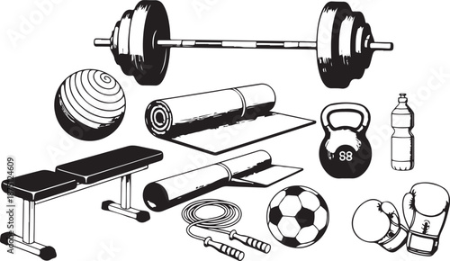 Black and white of fitness equipment workout exercise
