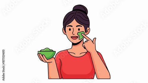 Woman applying green facial mask, holding bowl
